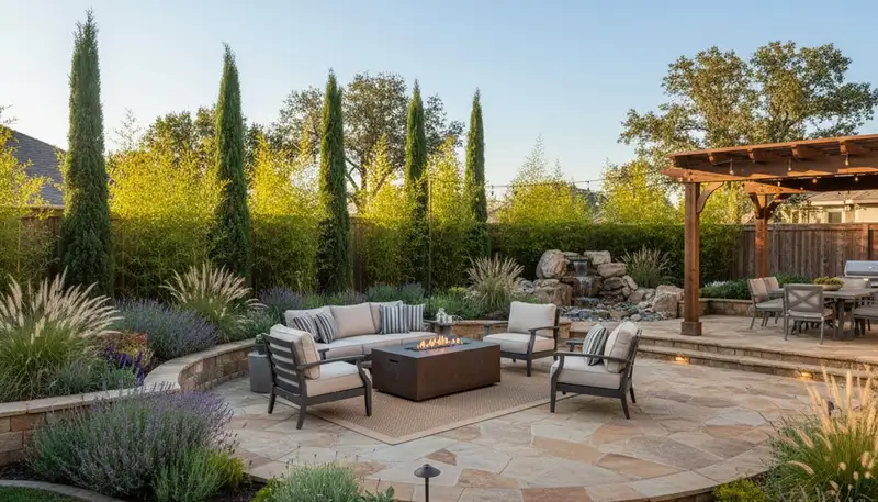 Modern backyard patio and landscape design by professional landscapers in Modesto, CA