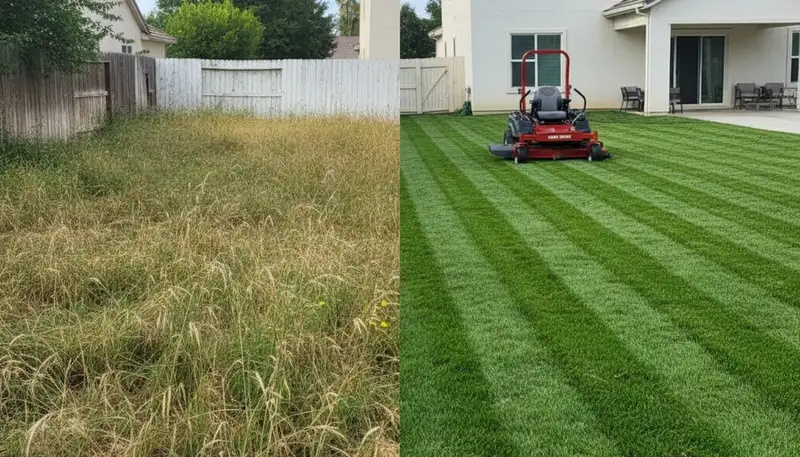 Before and after lawn mowing transformation by professional landscapers in Modesto, CA