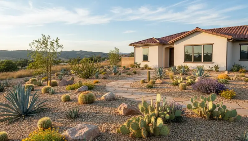 Desert landscape with drought-tolerant plants and rock mulch by Chop Chop Landscaping in Modesto, CA