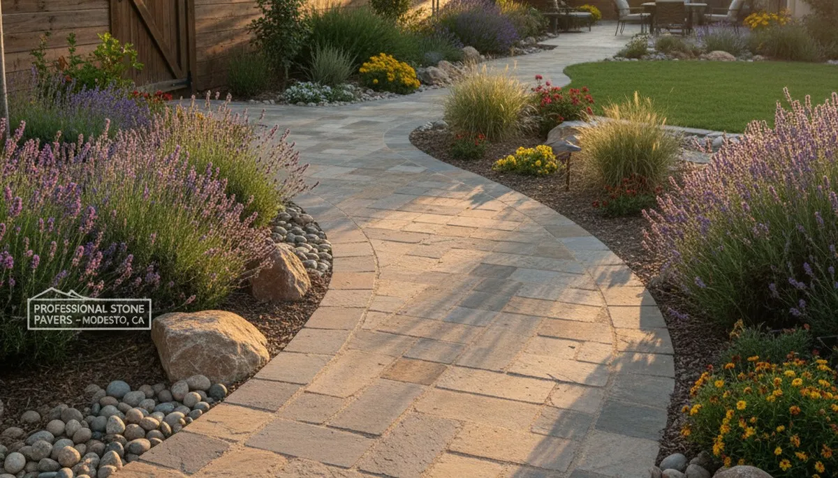 Curved stone paver walkway with expert landscaping design in Modesto, CA by Chop Chop Landscaping