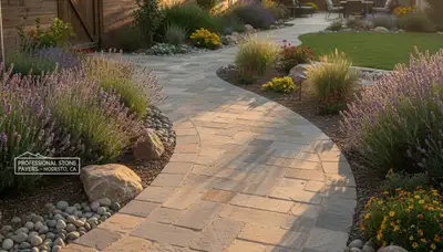 Curved stone paver walkway with expert landscaping design in Modesto, CA by Chop Chop Landscaping