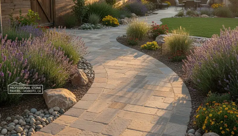 Curved stone paver walkway with expert landscaping design in Modesto, CA by Chop Chop Landscaping