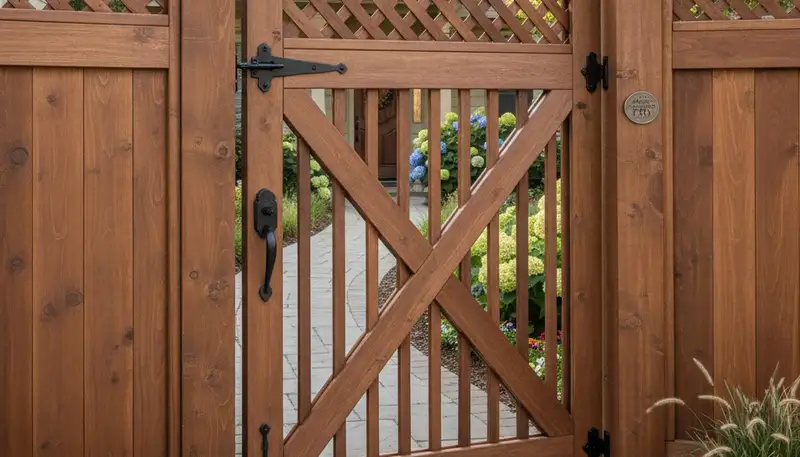 Custom wood gate installation with matching fence by Chop Chop Landscaping in Modesto, CA
