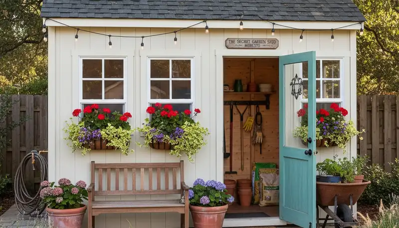 Decorative garden shed installation by Chop Chop Landscaping in Modesto, CA enhancing backyard design
