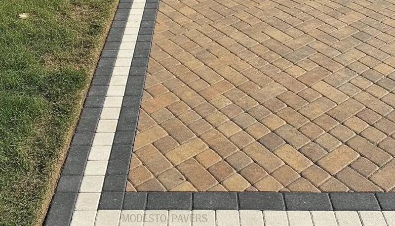 Decorative driveway paver border and edging with soldier course design in Modesto, CA landscaping