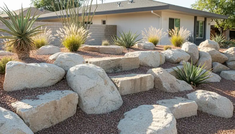 Decorative boulders and desert stone landscape design in Modesto, CA by Chop Chop Landscaping