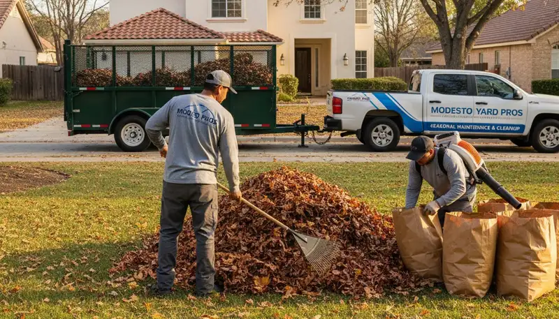 Landscapers raking and bagging fall leaves during yard clean up in a Modesto, CA residential lawn
