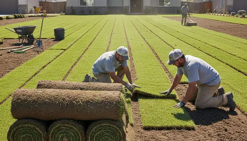 Fresh sod being professionally installed for new lawn by landscapers in Modesto, CA