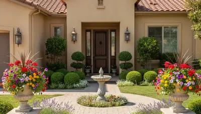 Front yard landscaping in Modesto, CA with colorful flowers, shaped shrubs, and curb appeal design