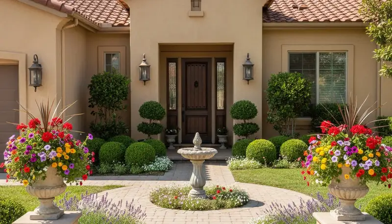 Front yard landscaping in Modesto, CA with colorful flowers, shaped shrubs, and curb appeal design
