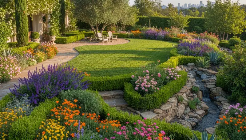 Full property landscape design with gardens, shrubs, and lawn by Chop Chop Landscaping in Modesto, CA