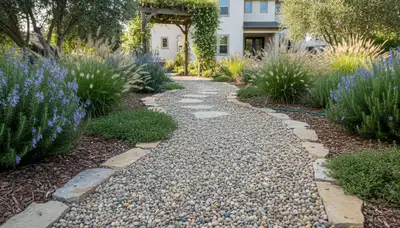 Pea gravel garden path in Modesto, CA landscape by Chop Chop Landscaping showing natural, low-maintenance design
