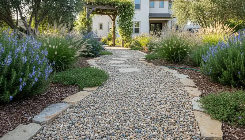 Pea gravel garden path in Modesto, CA landscape by Chop Chop Landscaping showing natural, low-maintenance design