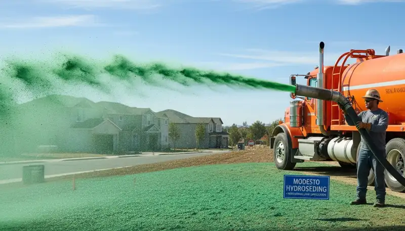 Hydroseeder truck spraying green slurry for new lawn installation in Modesto, CA landscaping project