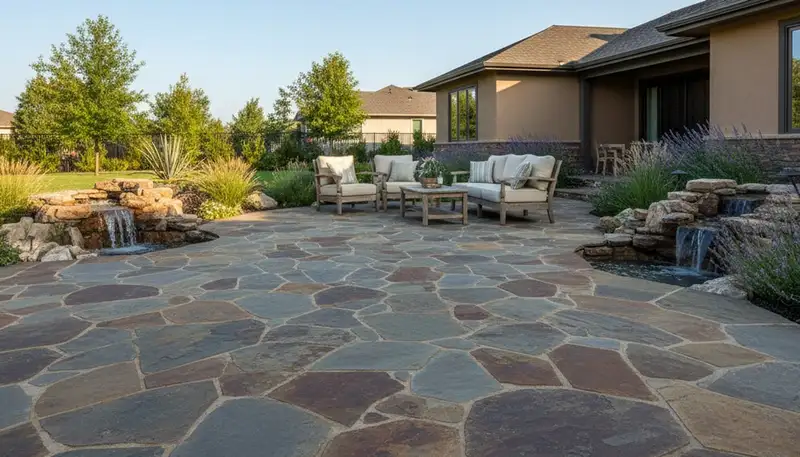 Modern large-format stone slab patio by professional landscapers in Modesto, CA