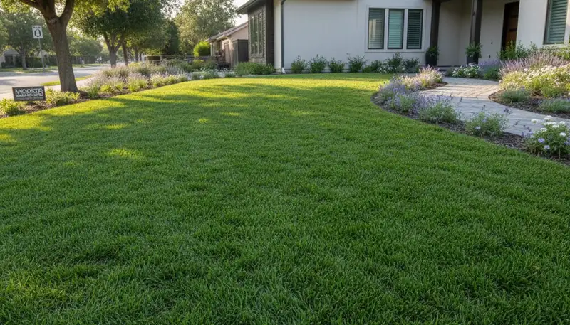 Lush green residential lawn in Modesto, CA showing results of professional lawn care by Chop Chop Landscaping