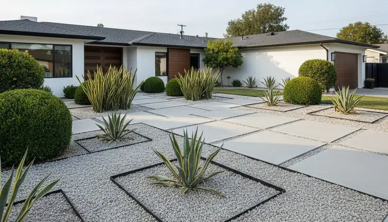 Modern minimalist pea gravel landscape design in Modesto, CA by Chop Chop Landscaping