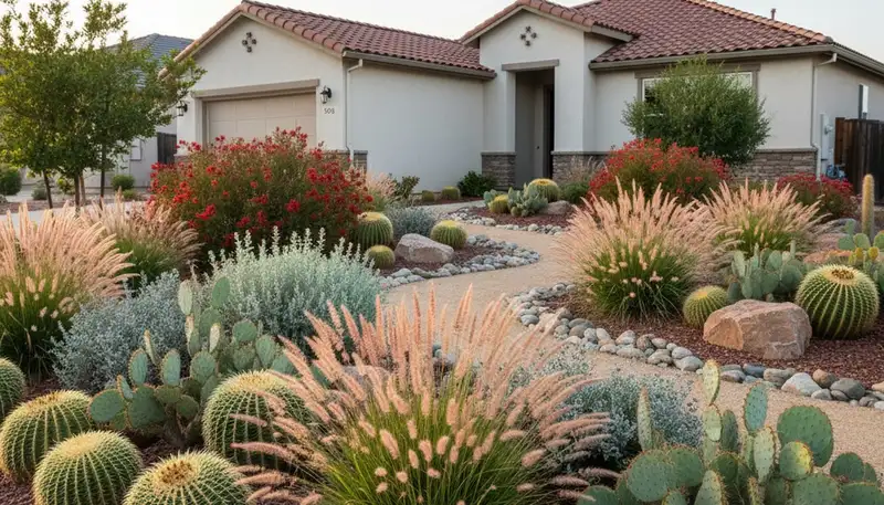 Native desertscape with cacti, succulents, and grasses by Chop Chop Landscaping in Modesto, CA