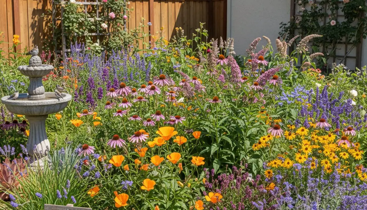 Native pollinator garden with bee-friendly flowers by organic landscapers in Modesto, CA