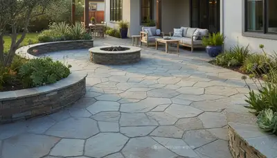 Natural flagstone patio with slate pavers by professional landscapers in Modesto, CA