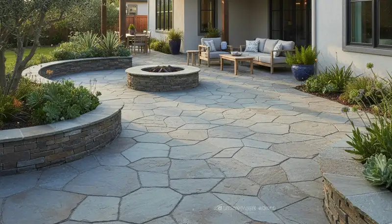 Natural flagstone patio with slate pavers by professional landscapers in Modesto, CA