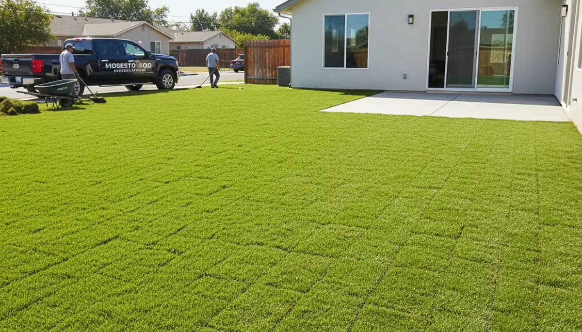 Freshly installed lush green sod lawn by professional landscapers in Modesto, CA
