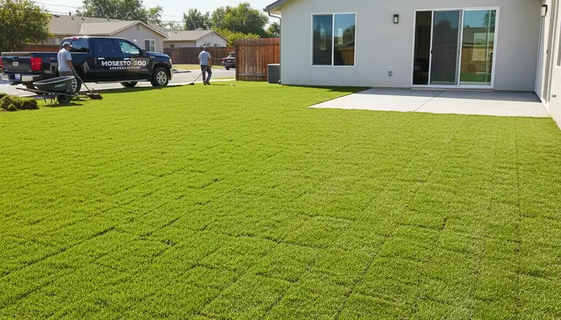 Freshly installed lush green sod lawn by professional landscapers in Modesto, CA