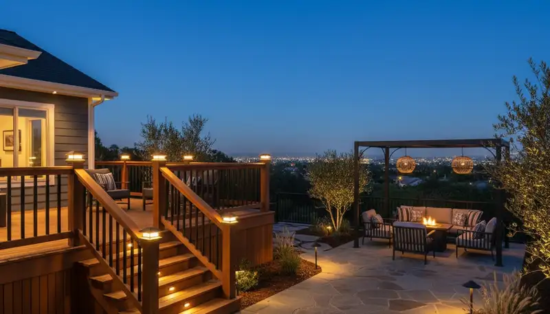 Evening deck and patio lighting design by Chop Chop Landscaping in Modesto, CA enhancing outdoor living spaces