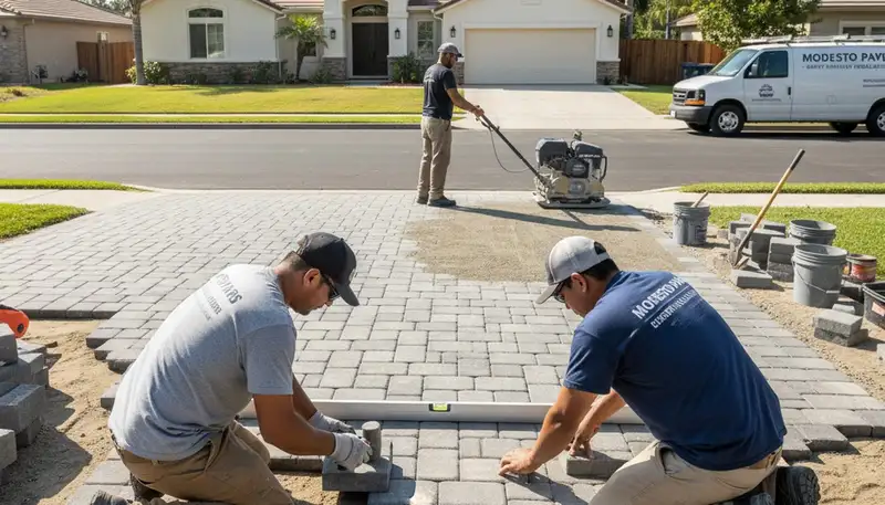 Skilled crew installing concrete driveway pavers in Modesto, CA for Chop Chop Landscaping