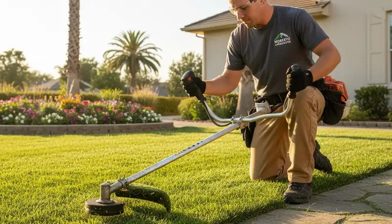Technician trimming lawn edges with string trimmer for precise landscaping in Modesto, CA