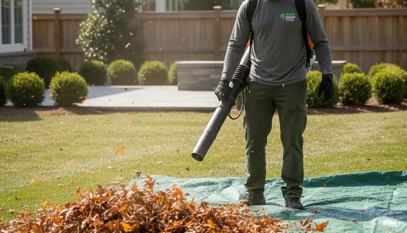 Technician using leaf blower for debris removal during lawn maintenance in Modesto, CA
