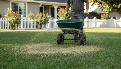 Professional landscaper applying fertilizer with broadcast spreader on residential lawn in Modesto, CA