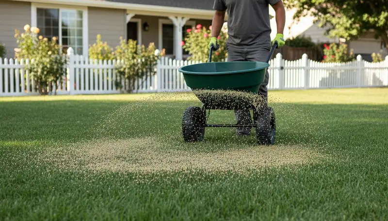Professional landscaper applying fertilizer with broadcast spreader on residential lawn in Modesto, CA