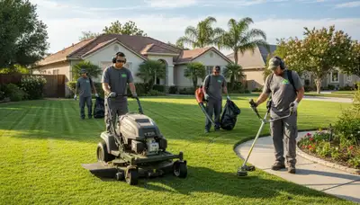 Professional lawn mowing, edging, and cleanup by expert landscaping crew in Modesto, CA