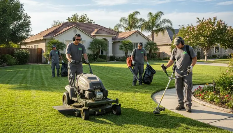 Professional lawn mowing, edging, and cleanup by expert landscaping crew in Modesto, CA