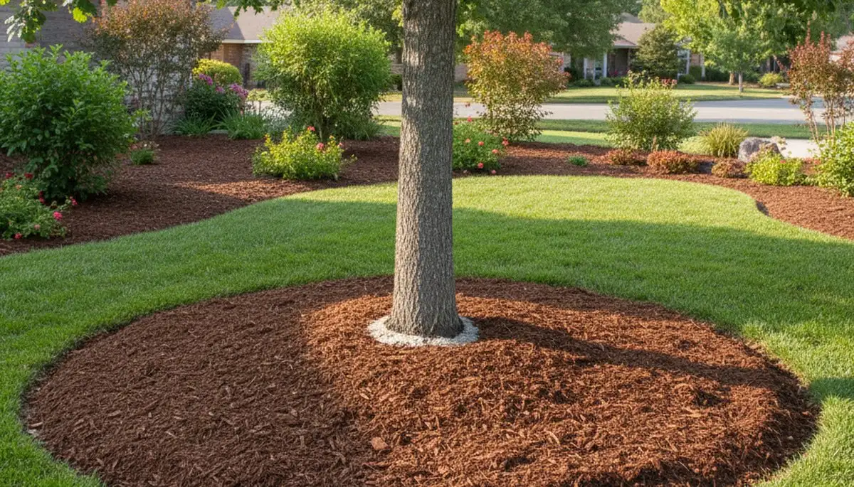Professional circular tree mulch ring installation in Modesto, CA by expert landscapers