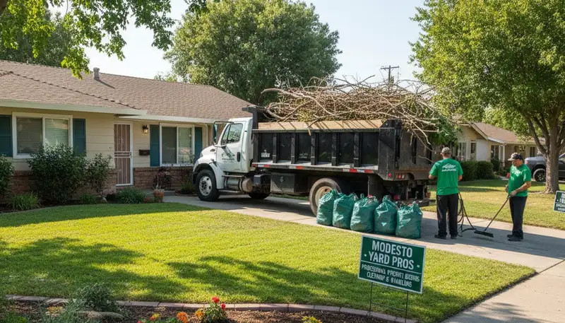 Professional yard debris removal and hauling at a residential property in Modesto, CA