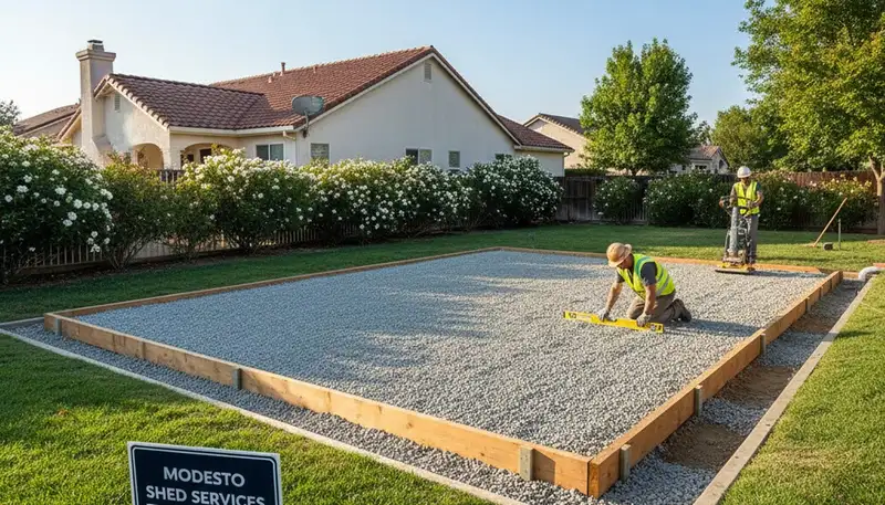 Professional shed base preparation with gravel foundation by landscapers in Modesto, CA