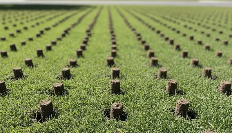 Close-up of soil core plugs after lawn aeration treatment by Chop Chop Landscaping in Modesto, CA