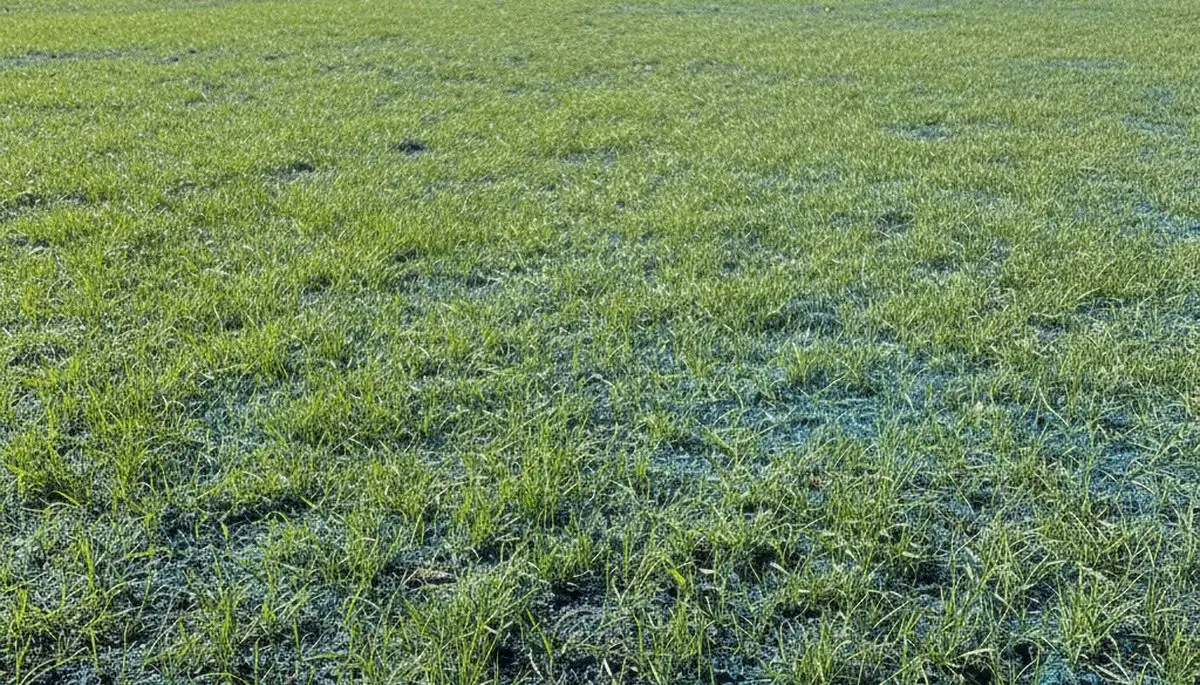 New grass seedlings sprouting from hydroseeded soil in Modesto, CA lawn by professional landscapers
