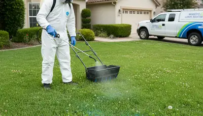 Technician applying targeted weed control on residential lawn in Modesto, CA with precision sprayer