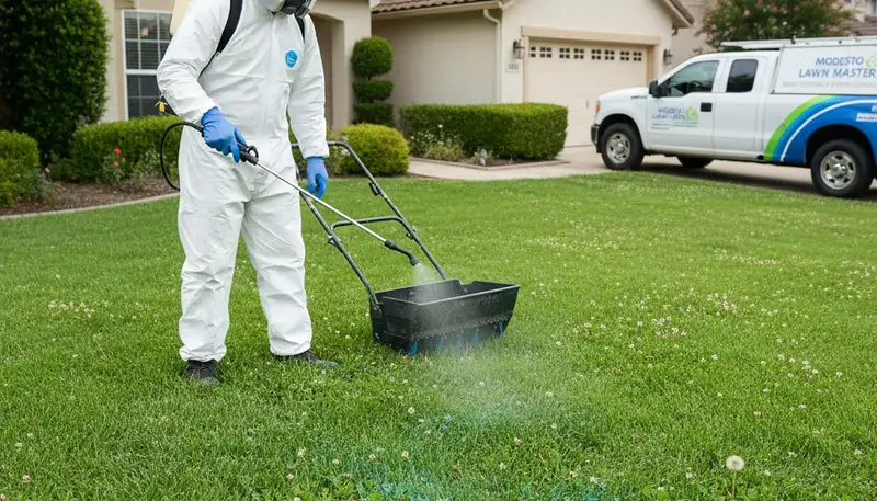 Technician applying targeted weed control on residential lawn in Modesto, CA with precision sprayer