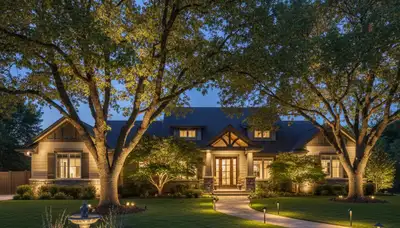 Mature trees with professional uplighting at night by Chop Chop Landscaping in Modesto, CA
