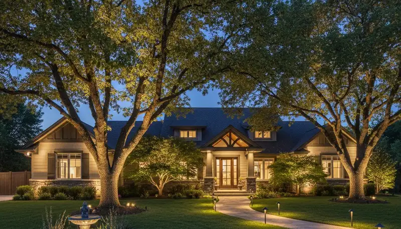 Mature trees with professional uplighting at night by Chop Chop Landscaping in Modesto, CA